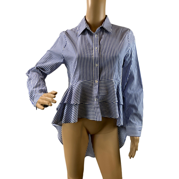 FX JC Women's Blue White Striped Peplum Collared Button Down Shirt Med High Low - Picture 2 of 13